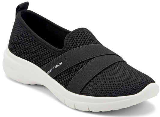 Black mesh slip-on shoe with elastic straps and a white sole, featuring the text "easy-spirit" on the side.