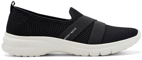 A black slip-on shoe with a white sole and the text 'easy-spirit' on its side.