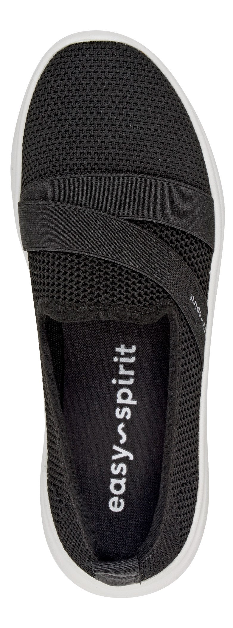 Black slip-on sneaker with crossing straps.