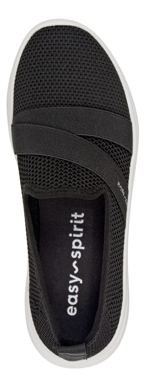 Black slip-on sneaker with crossing straps.