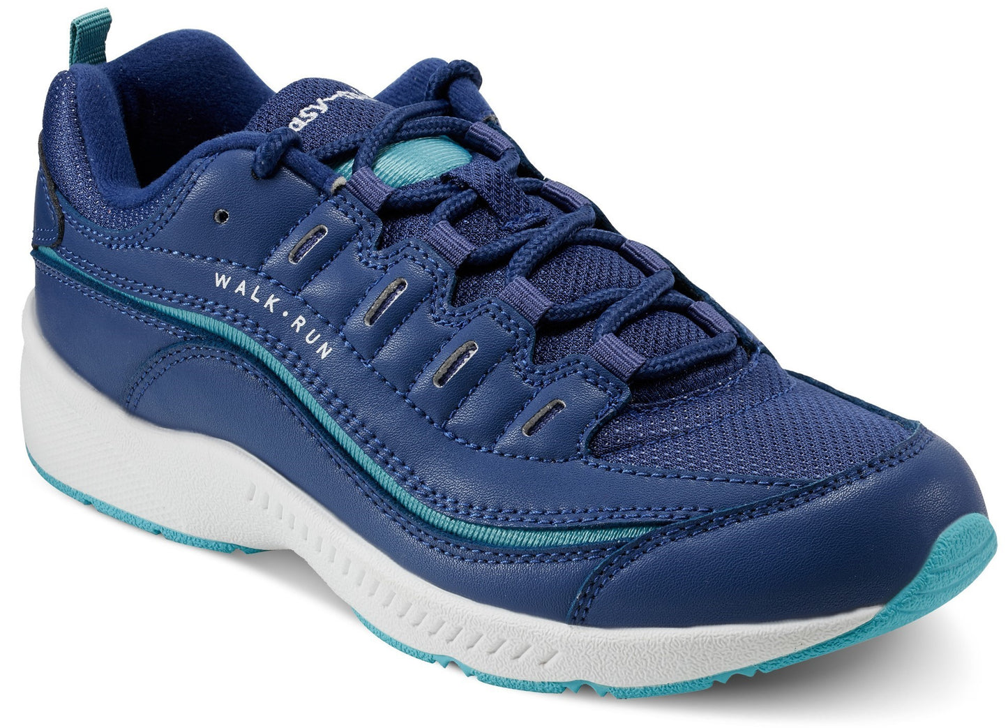 Blue sneaker with "WALK-RUN" text, white sole, and teal accents.