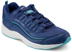 Blue sneaker with "WALK-RUN" text, white sole, and teal accents.
