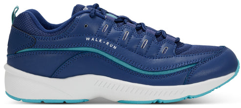 A blue sneaker with white sole and "WALK-RUN" written on the side.