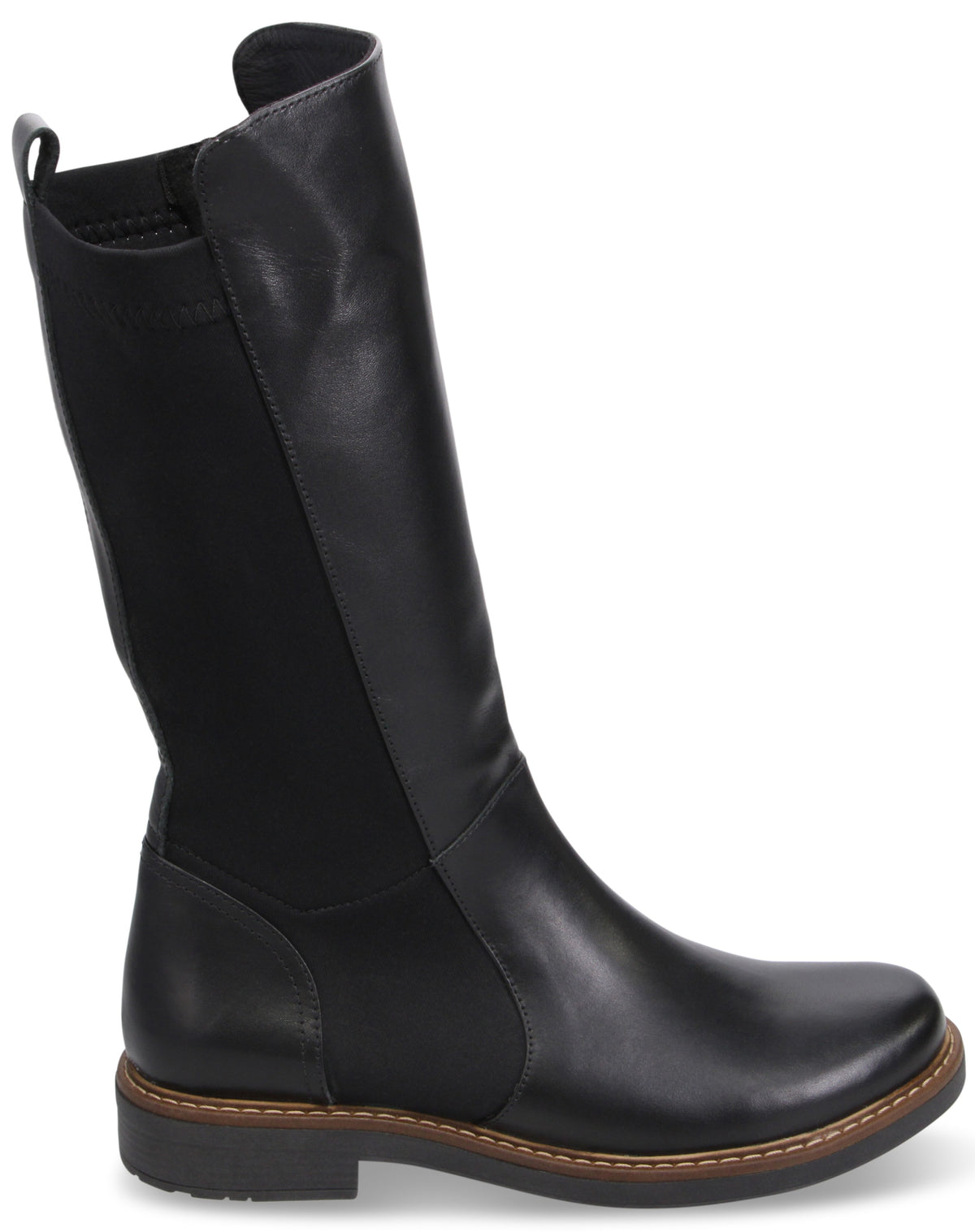 A black leather calf-high boot with a rounded toe, a flat rubber sole, and a large elastic panel on the side.
