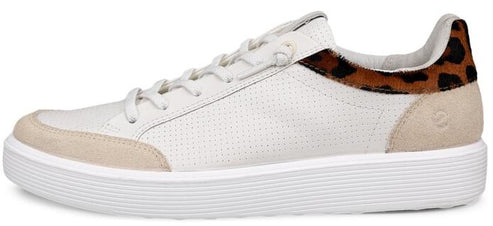 A white sneaker with leopard print heel.