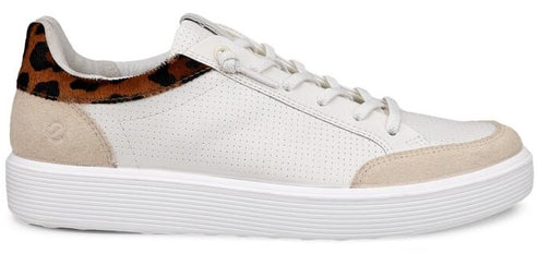 A white perforated leather sneaker with a leopard print heel counter and beige suede accents on the toe and heel.
