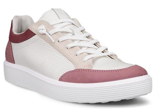 A low-top white sneaker with mauve suede details, white laces, and a white sole.