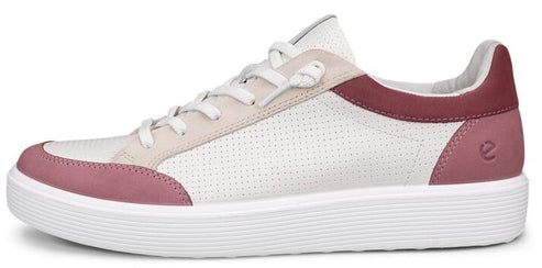 A low-profile sneaker with white perforated leather, pink trim, and laces.