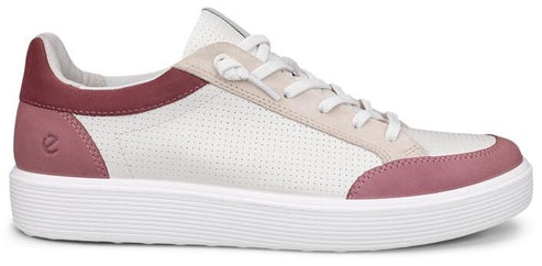 A low-top sneaker with a white perforated body, cream suede accents, and burgundy heel and toe caps, resting on a thick white ribbed sole.