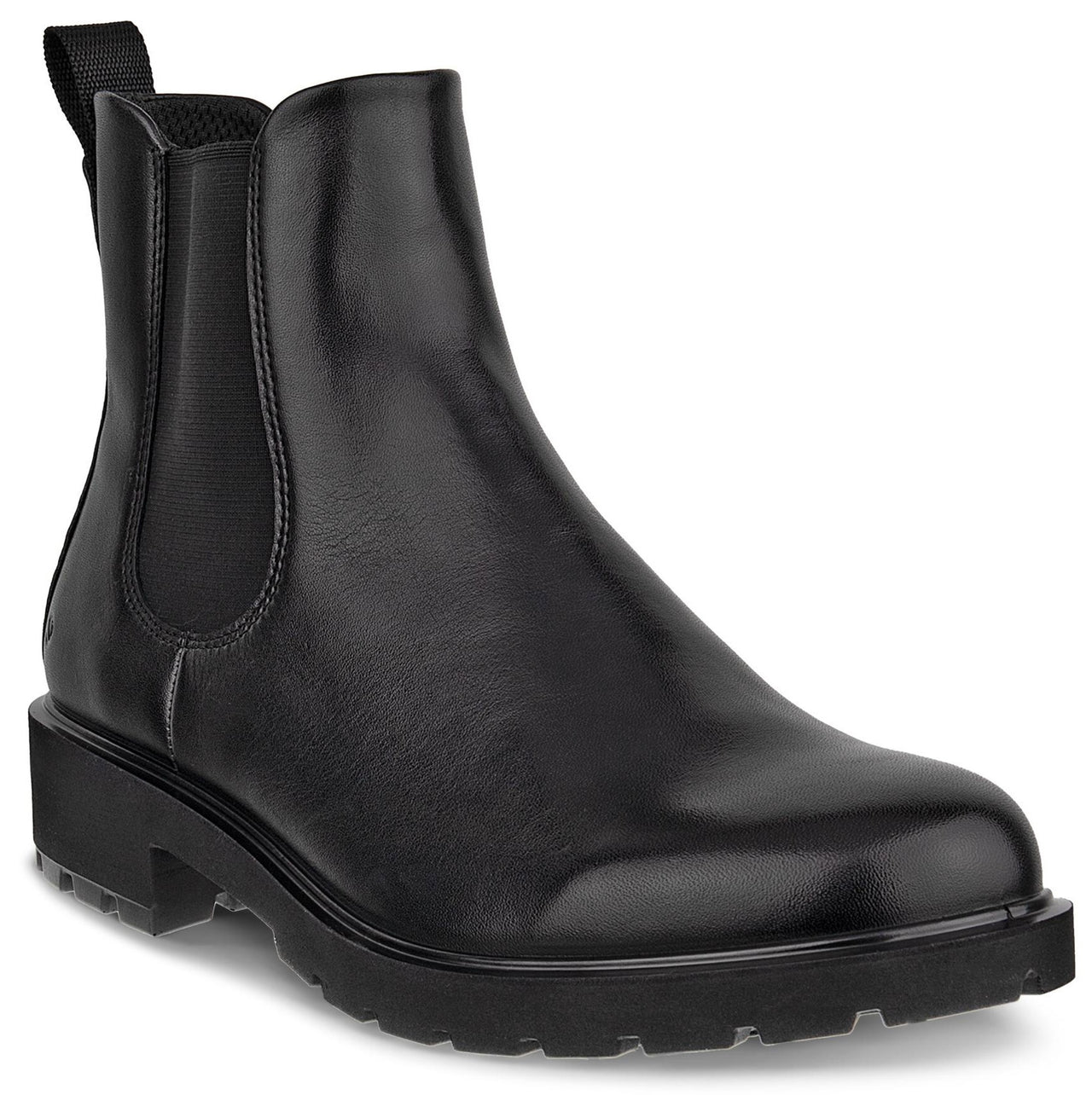 A black leather Chelsea boot with a thick, lugged rubber sole, elastic side panels, and a small pull tab at the heel.