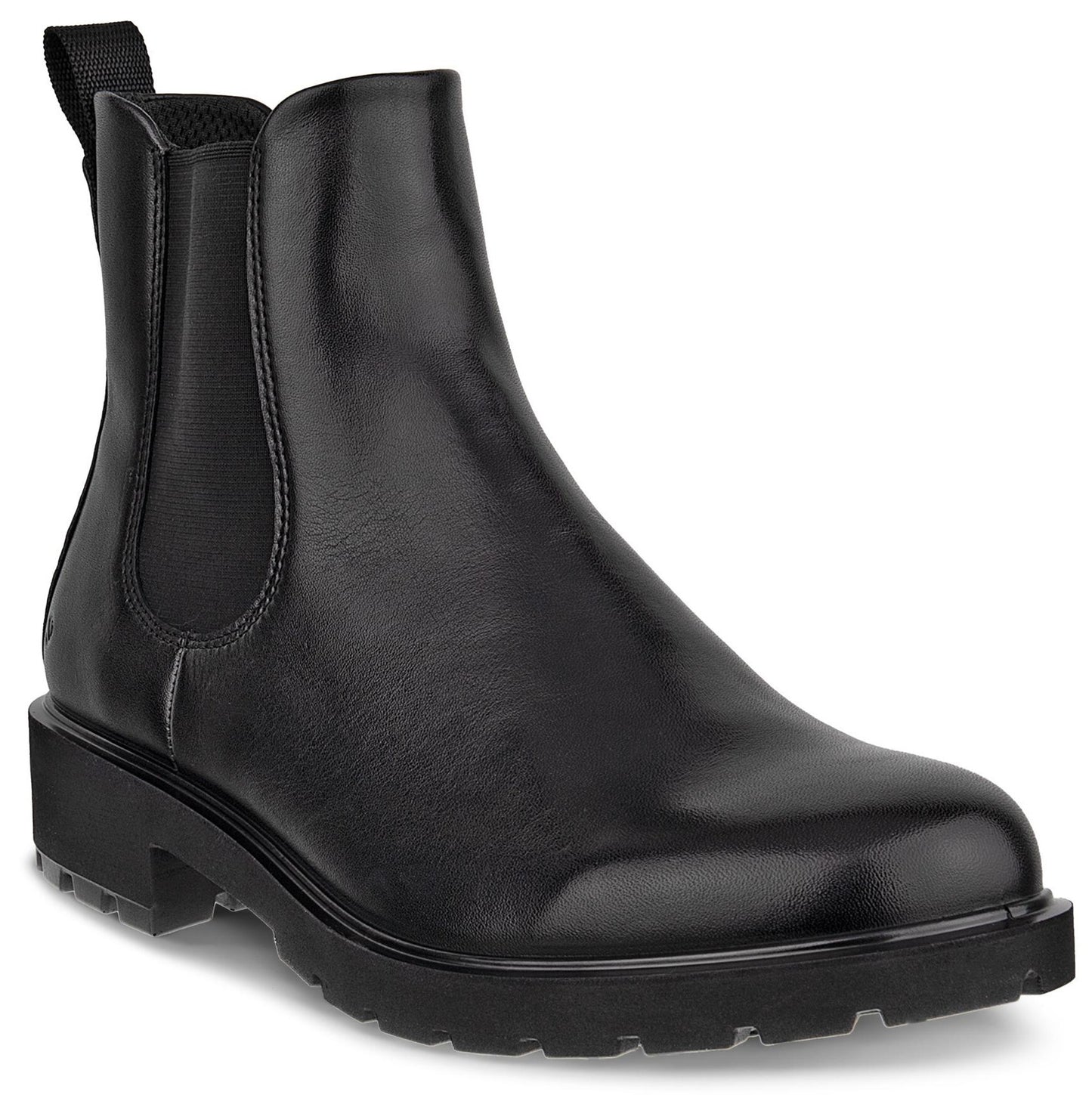 A black leather Chelsea boot with a thick, lugged rubber sole, elastic side panels, and a small pull tab at the heel.