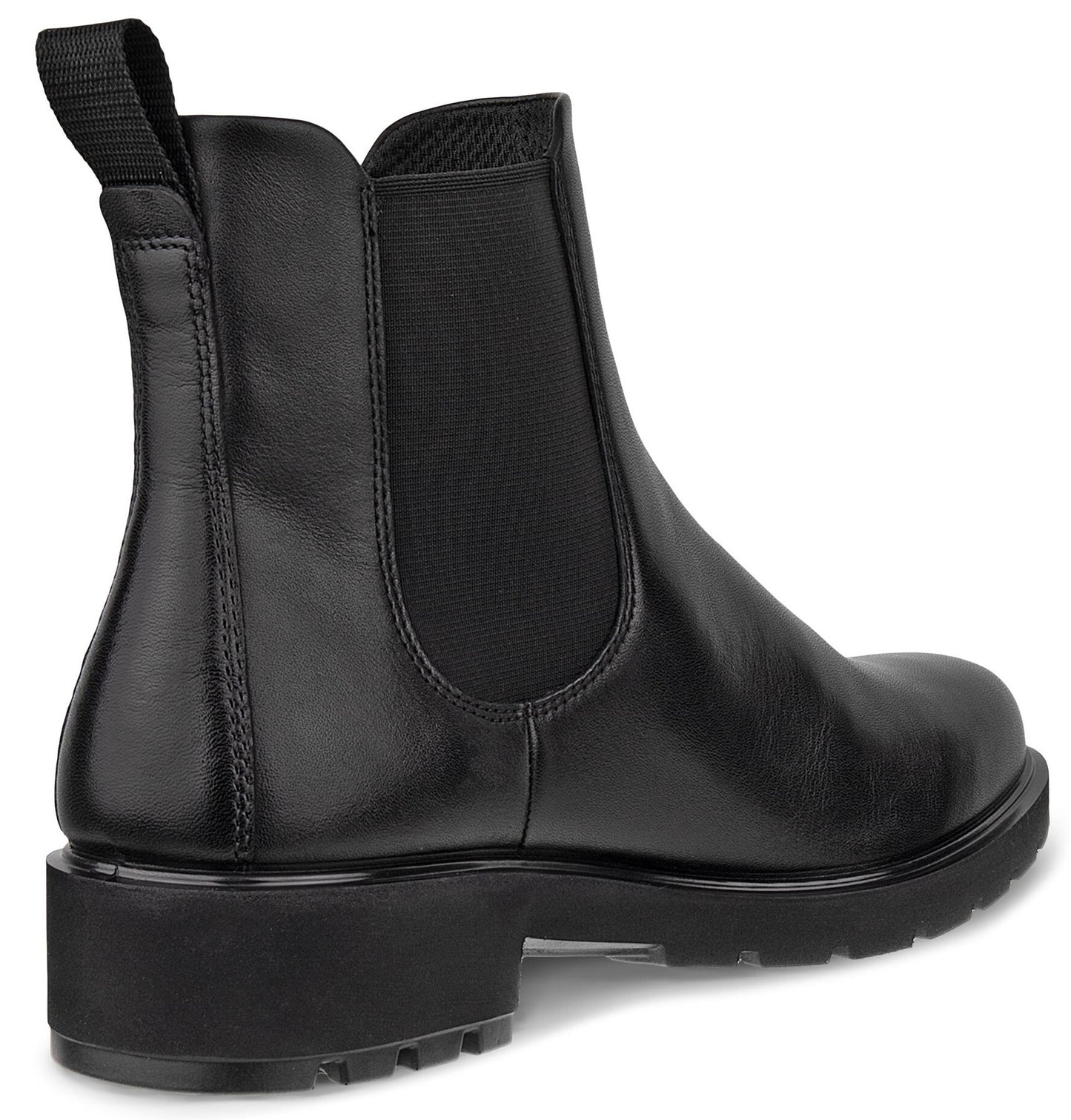 A black leather Chelsea boot shown from the side and back angle, featuring a pull tab at the collar, a side elastic gore panel, and a thick, chunky rubber lug sole.