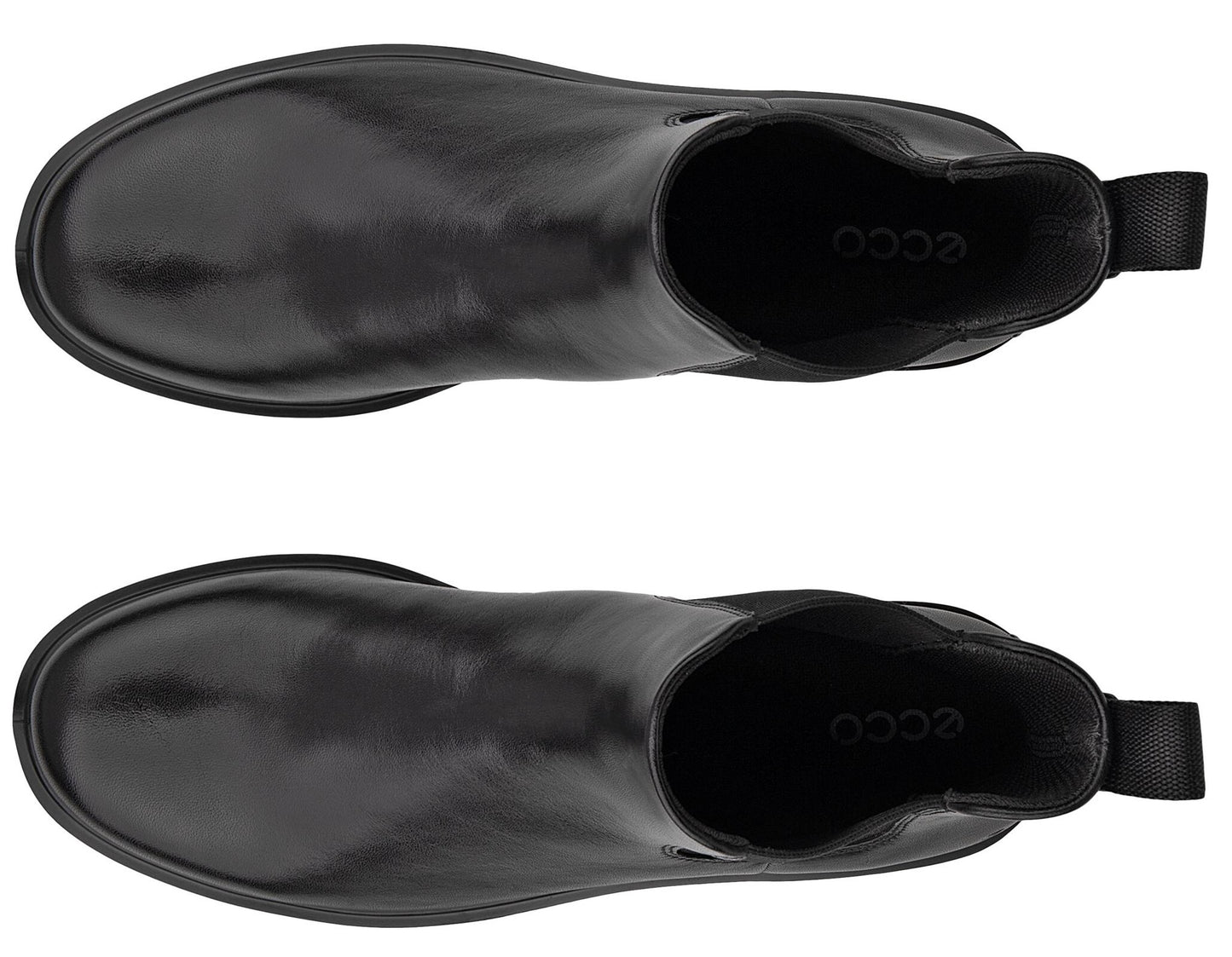 A top-down view of a pair of black leather Chelsea boots, showing the smooth, rounded toe caps and the black elastic side panels, with the 'ecco' logo visible on the inner footbed of both shoes.