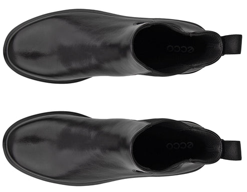 A top-down view of a pair of black leather Chelsea boots, showing the smooth, rounded toe caps and the black elastic side panels, with the 'ecco' logo visible on the inner footbed of both shoes.