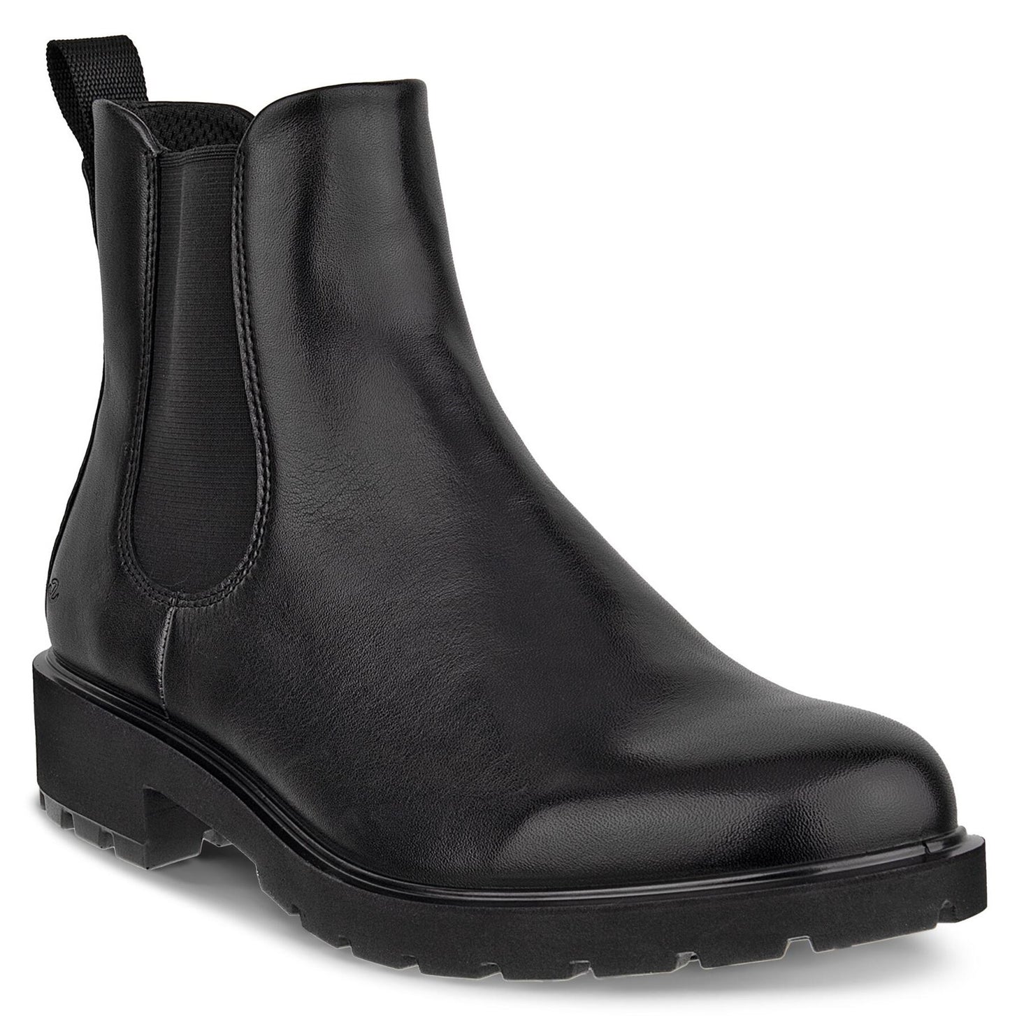 A black leather Chelsea boot with elastic side panels, a pull tab at the back, and a thick, lugged rubber sole, shown in a side profile view.