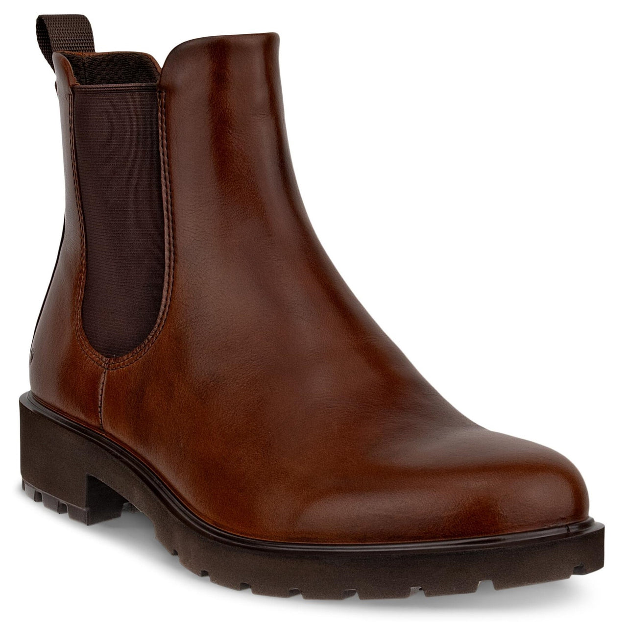 A brown leather Chelsea boot with a dark elastic side panel, a sturdy lugged sole, and a pull tab at the heel, shown at a three-quarter angle.