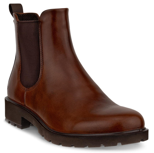 A brown leather Chelsea boot with a dark elastic side panel, a sturdy lugged sole, and a pull tab at the heel, shown at a three-quarter angle.