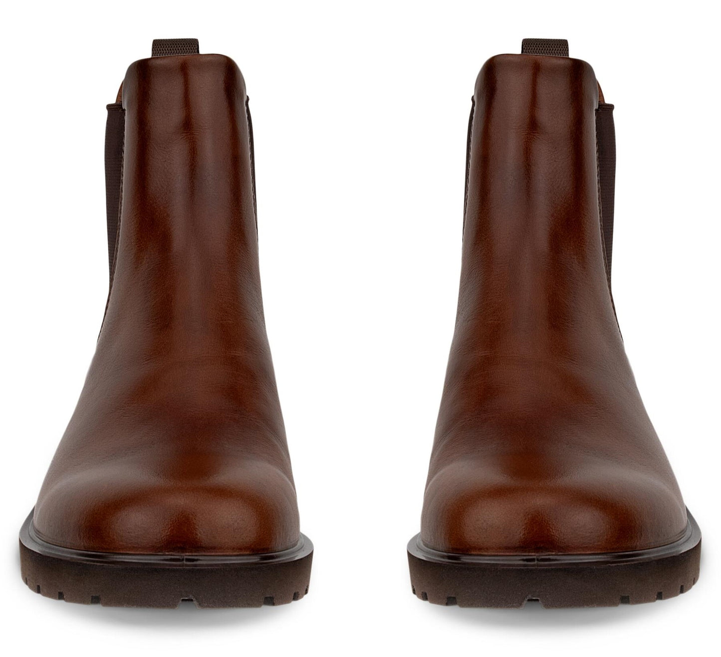 A pair of smooth, brown leather Chelsea boots shown from the front with dark elastic side panels and thick, lugged soles.