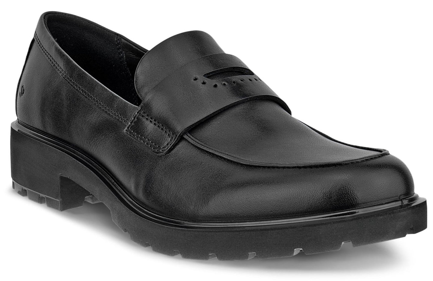 A black leather penny loafer shoe with a lugged rubber sole and a decorative perforated strap across the instep.