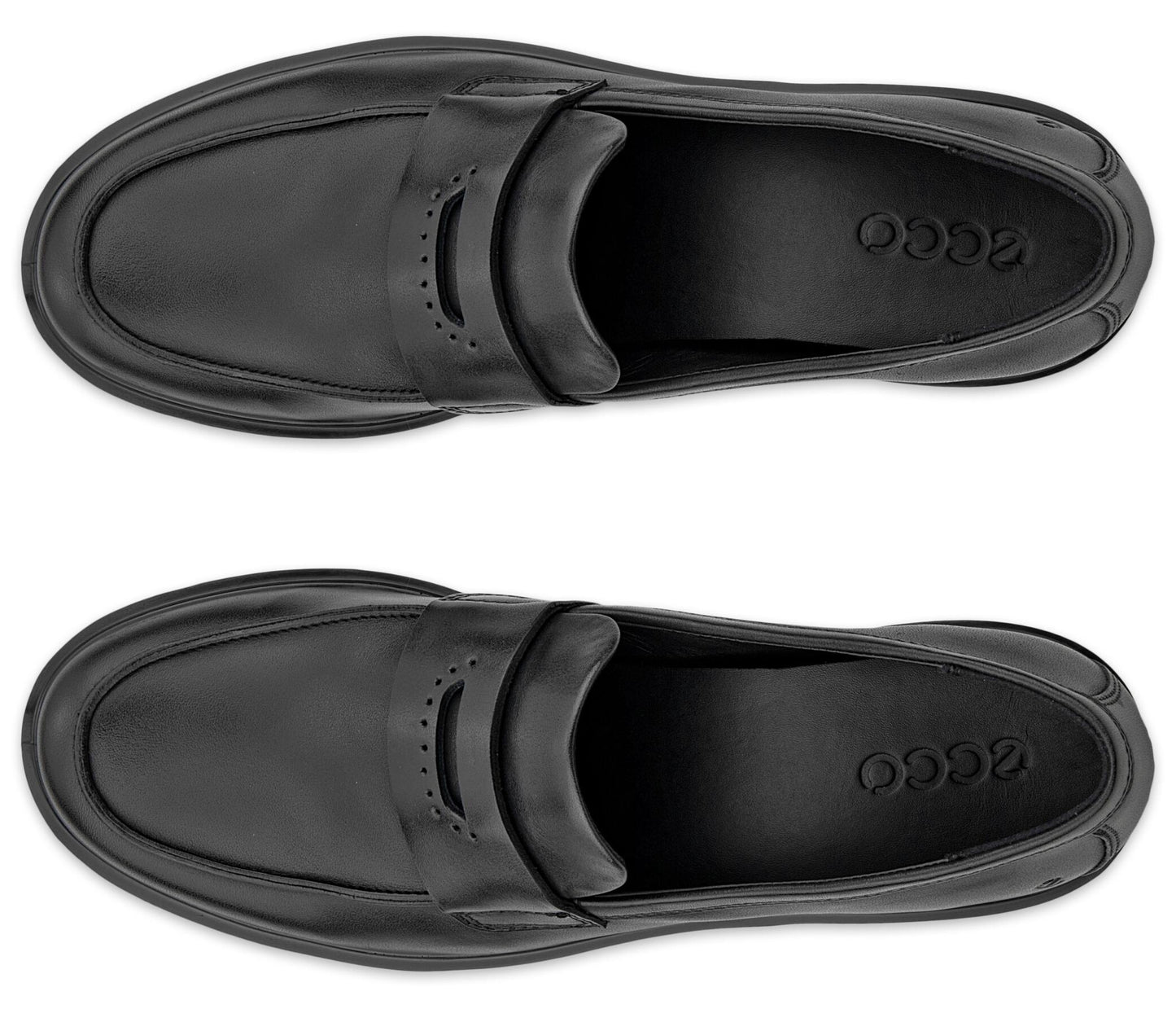 A top-down view of a pair of black leather loafers, featuring a classic penny slot design on the vamp and the word ECCO embossed on the insole.