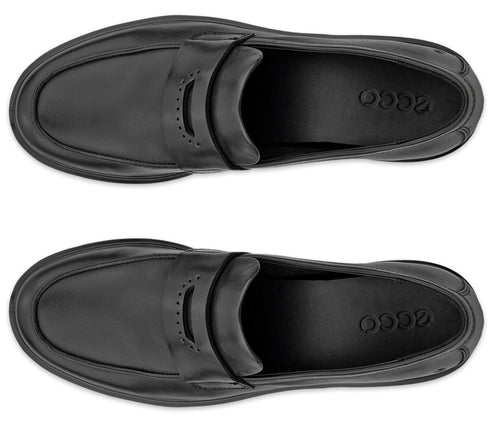 A top-down view of a pair of black leather loafers, featuring a classic penny slot design on the vamp and the word ECCO embossed on the insole.