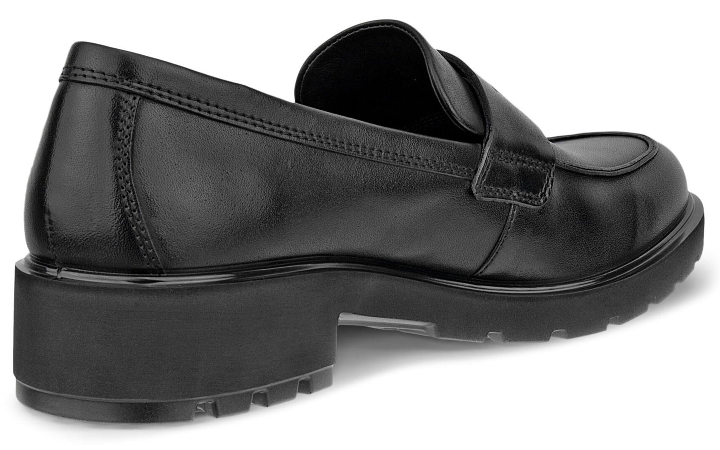 A black leather penny loafer with a thick lug sole, viewed from the side and back.