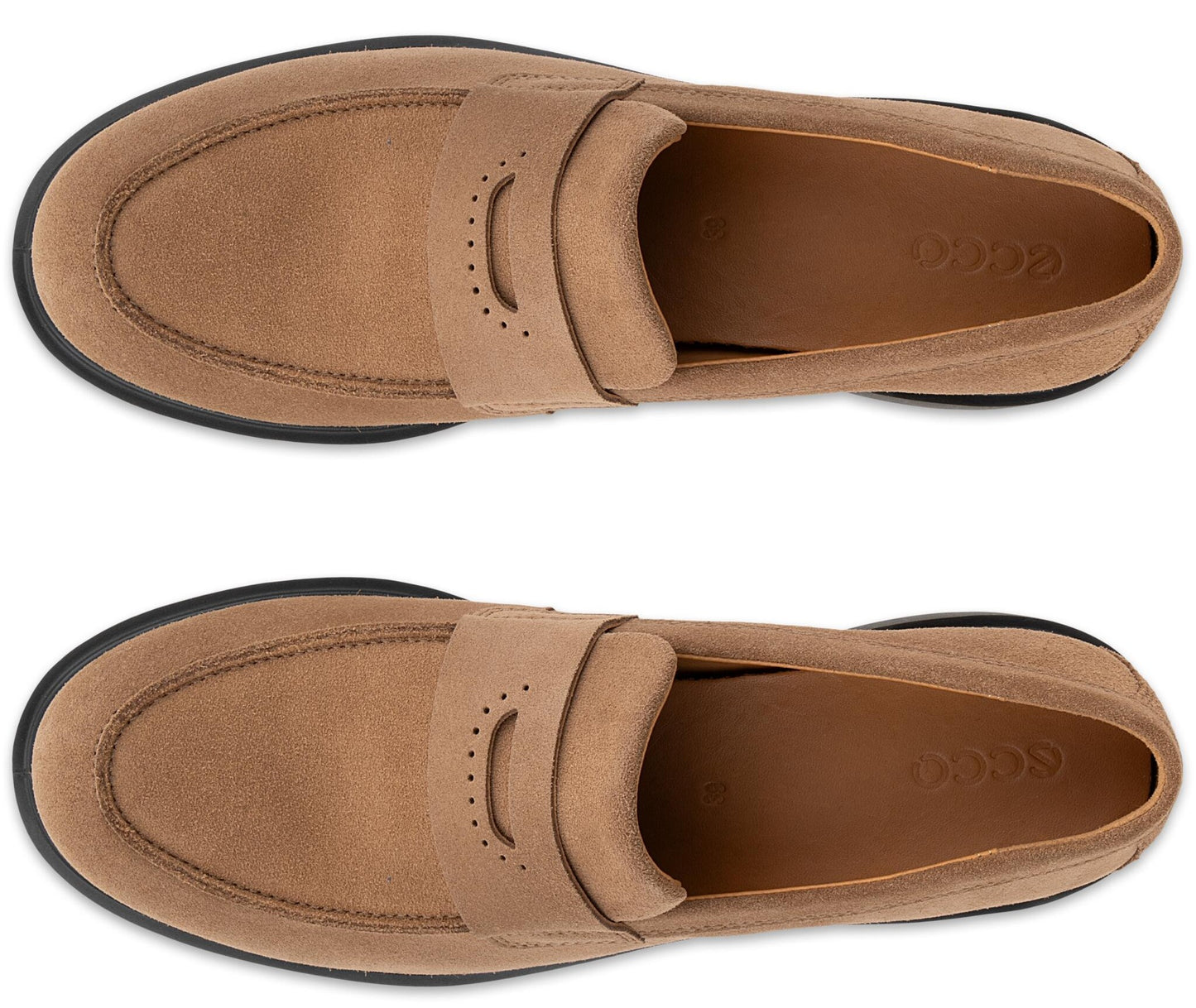 A top-down view of a pair of tan suede loafers with a penny loafer strap featuring decorative perforations, placed on a white background.