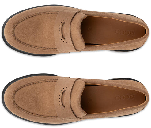 A top-down view of a pair of tan suede loafers with a penny loafer strap featuring decorative perforations, placed on a white background.