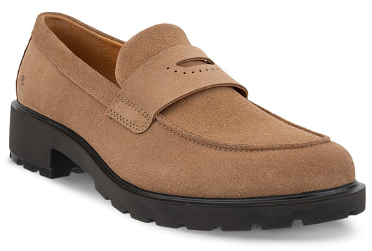A tan suede loafer with a thick, chunky black lug sole and a traditional penny keeper strap across the top.