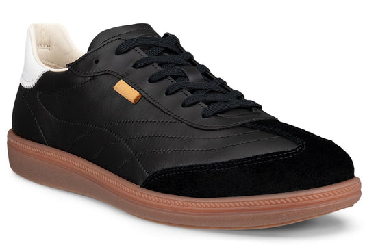 Black sneaker with suede toe, gum sole, and white heel.