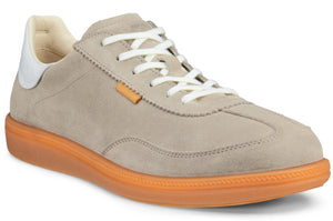 Tan-colored suede sneaker with white laces and white heel tab, on a gum sole.