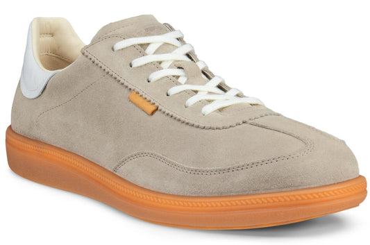 Tan-colored suede sneaker with white laces and white heel tab, on a gum sole.