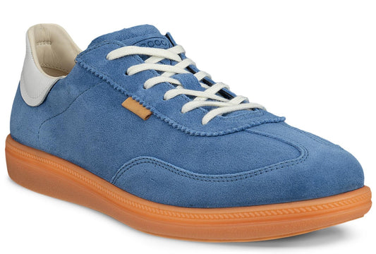 Blue suede sneaker with a tan rubber sole and white laces.
