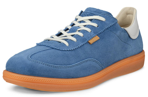 Blue suede sneaker with tan sole and white laces.