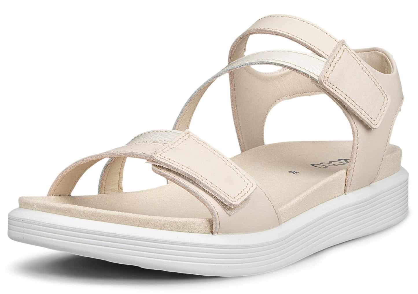 Off-white sandal with three adjustable velcro straps and a white sole.