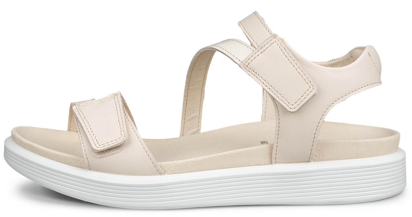 Off-white platform sandal with three hook-and-loop straps.