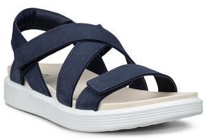 Navy criss-cross sandal with white sole.