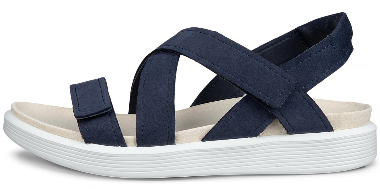 Navy sandal with criss-cross straps and a white sole.