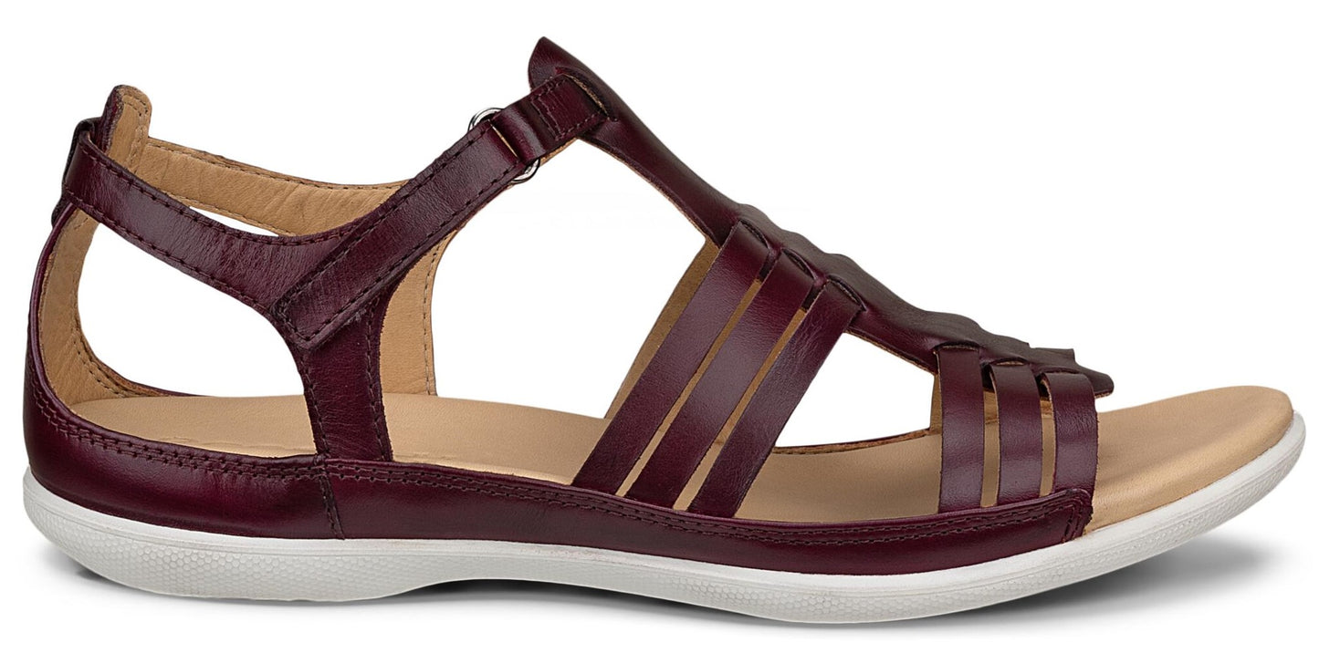 A burgundy-colored sandal with multiple straps and a white sole.