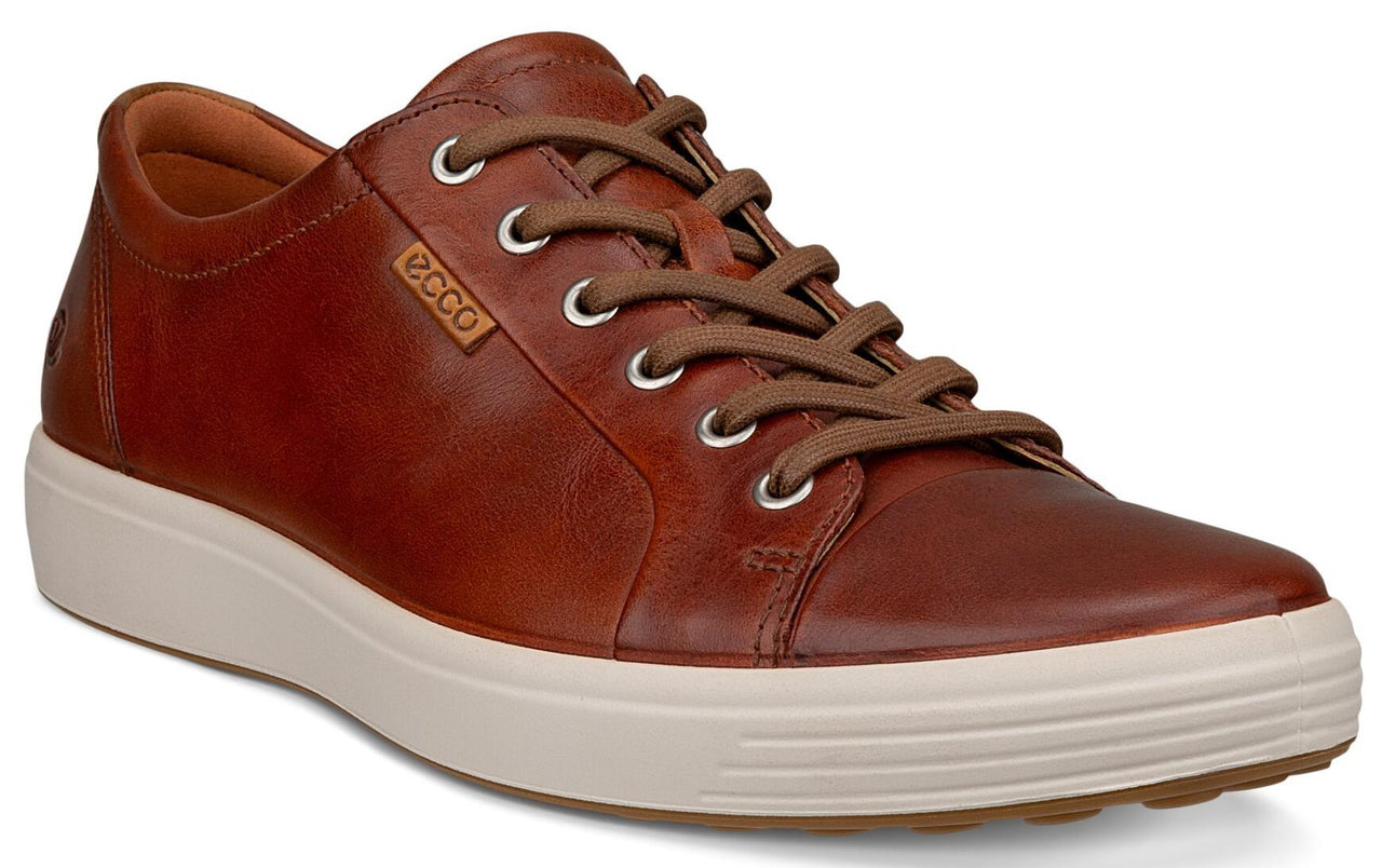 Brown leather sneaker with white sole, and brown laces. The word ecco is visible on the side of the shoe.