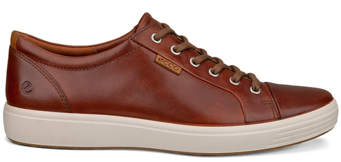 A brown leather sneaker with brown laces and a white sole.