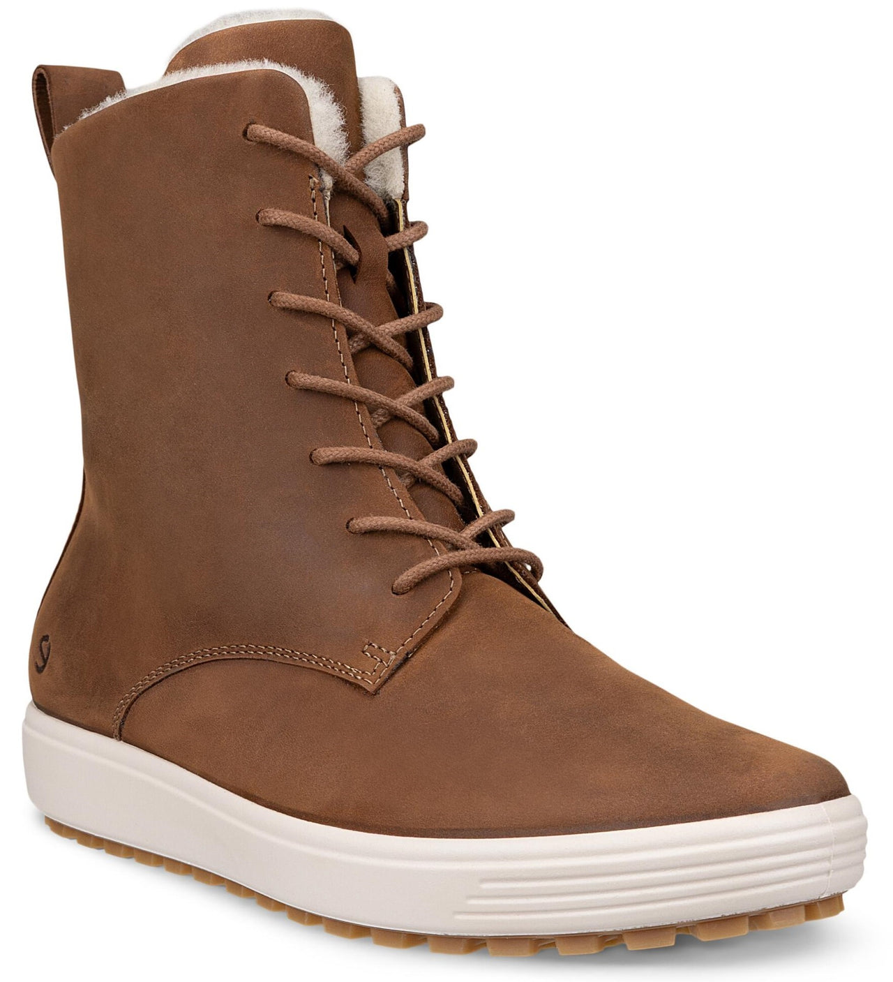 A brown leather lace-up winter boot with a cream-colored shearling lining, a thick white rubber sole, and a pull tab on the back.
