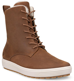 A brown leather lace-up winter boot with a cream-colored shearling lining, a thick white rubber sole, and a pull tab on the back.