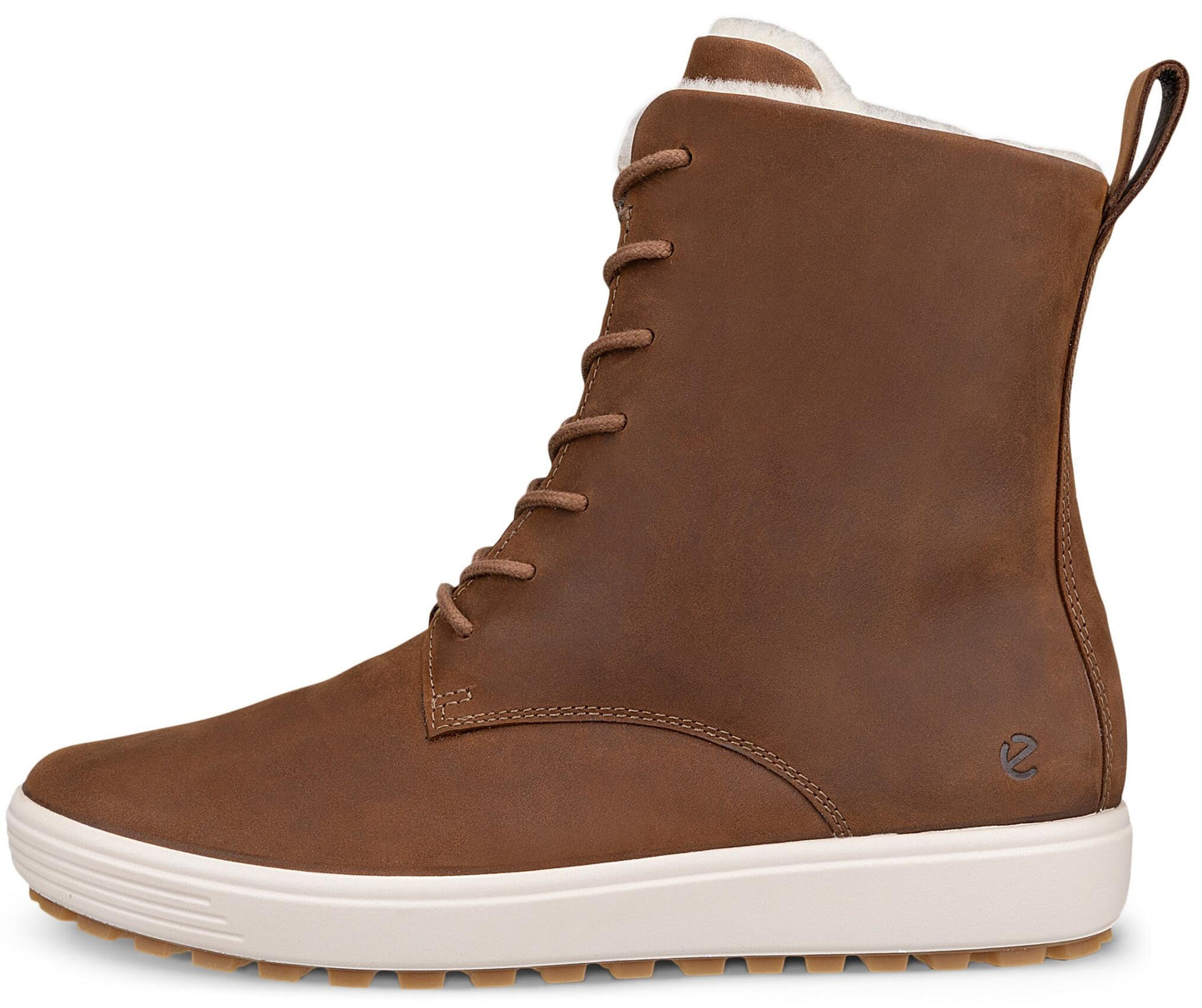 A brown lace-up leather ankle boot with a white rubber sole, a white faux-fur lining, and a small stylized logo on the outer heel.