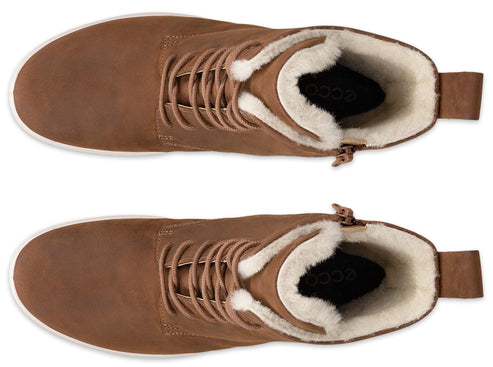 A top-down view of a pair of brown leather lace-up winter boots with white faux-fur lining and zippers on the sides.