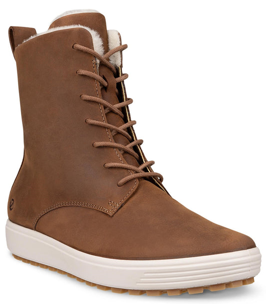 A brown leather lace-up boot with a white rubber sole and a white plush interior lining.