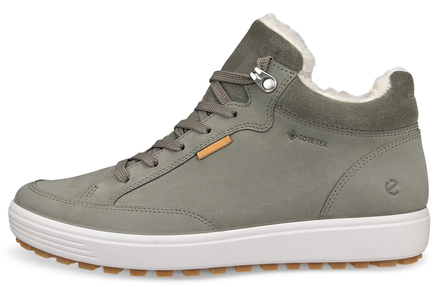 A sage green suede mid-top sneaker with a white midsole and a brown lugged rubber outsole, featuring white faux-fur lining, gray laces, a metal lacing hook at the collar, and a visible GORE-TEX logo on the side.