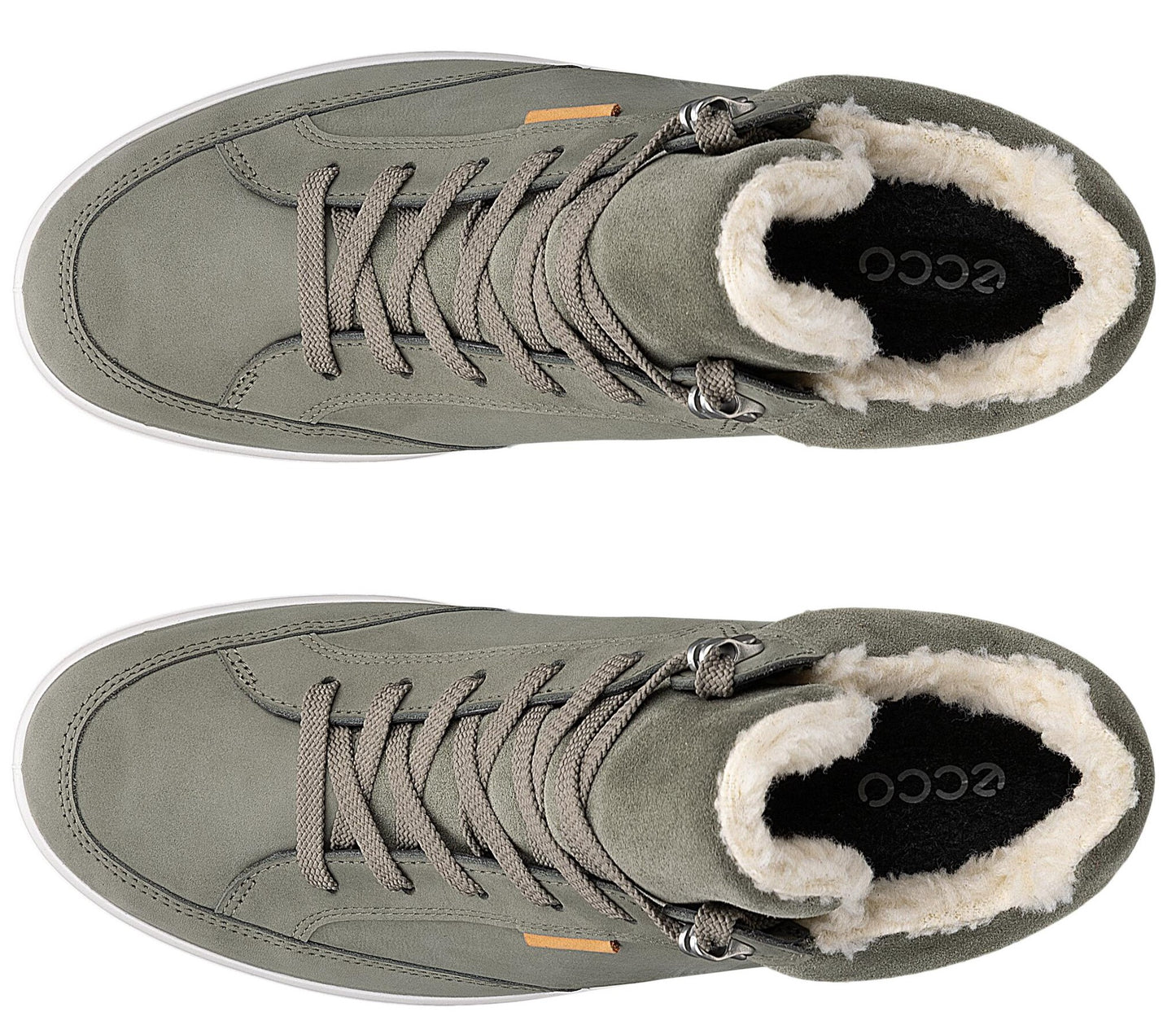 A top-down view of a pair of sage green, lace-up high-top sneakers with a fuzzy white faux-fur lining, showing the laces and the Ecco brand name printed on the black insole.
