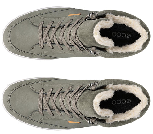 A top-down view of a pair of sage green, lace-up high-top sneakers with a fuzzy white faux-fur lining, showing the laces and the Ecco brand name printed on the black insole.