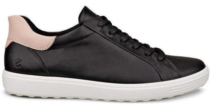 Black leather sneaker with a white sole and a pink heel.
